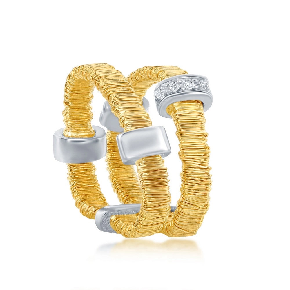 Sterling Silver Gold Threads Double CZ Bars Ring - W-8955