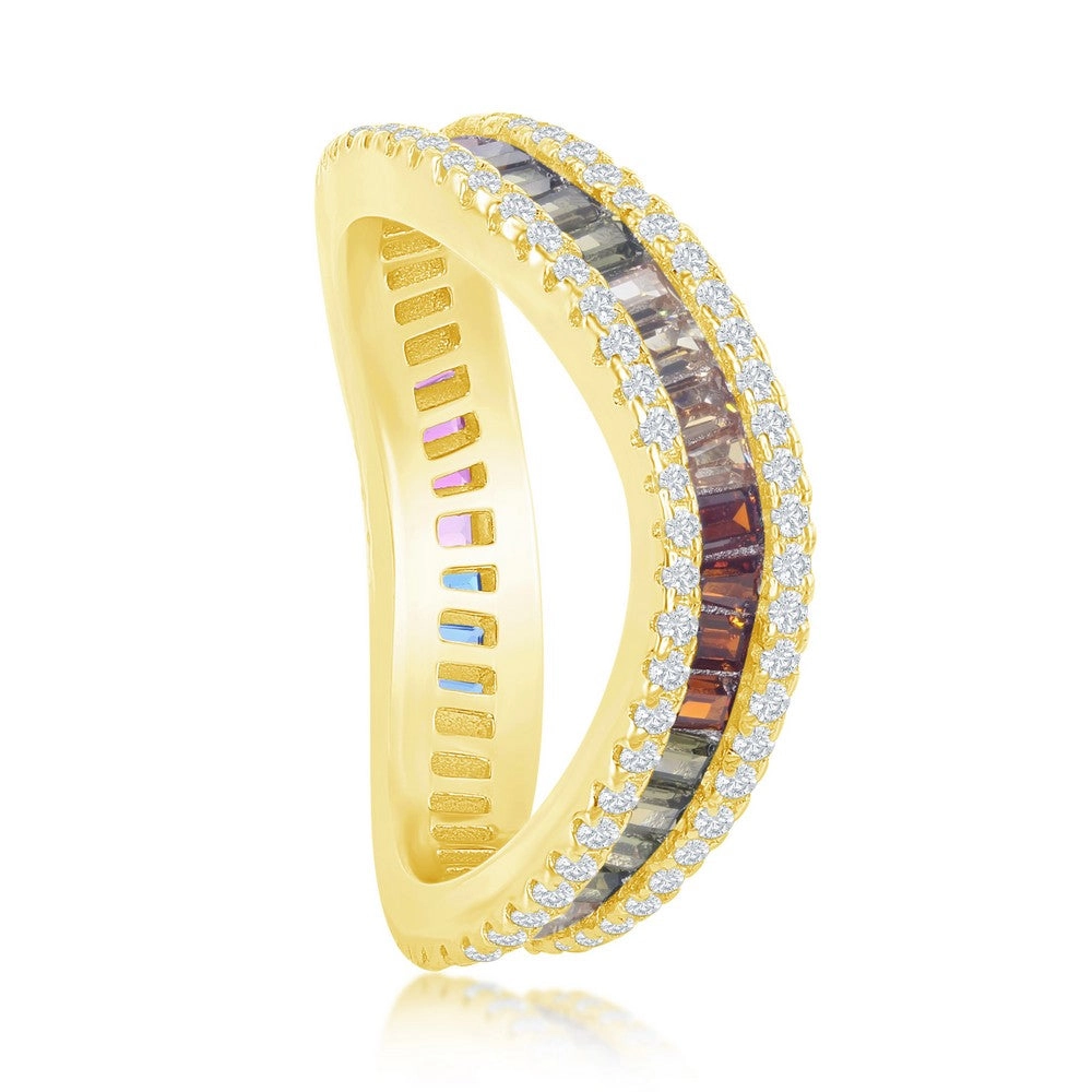Sterling Silver GP Rainbow Baguette CZ Wavy Ring - W-2442-GP