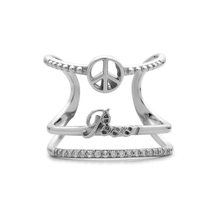 Sterling Silver Large Triple Row and Peace Sign CZ Ring, Size 7