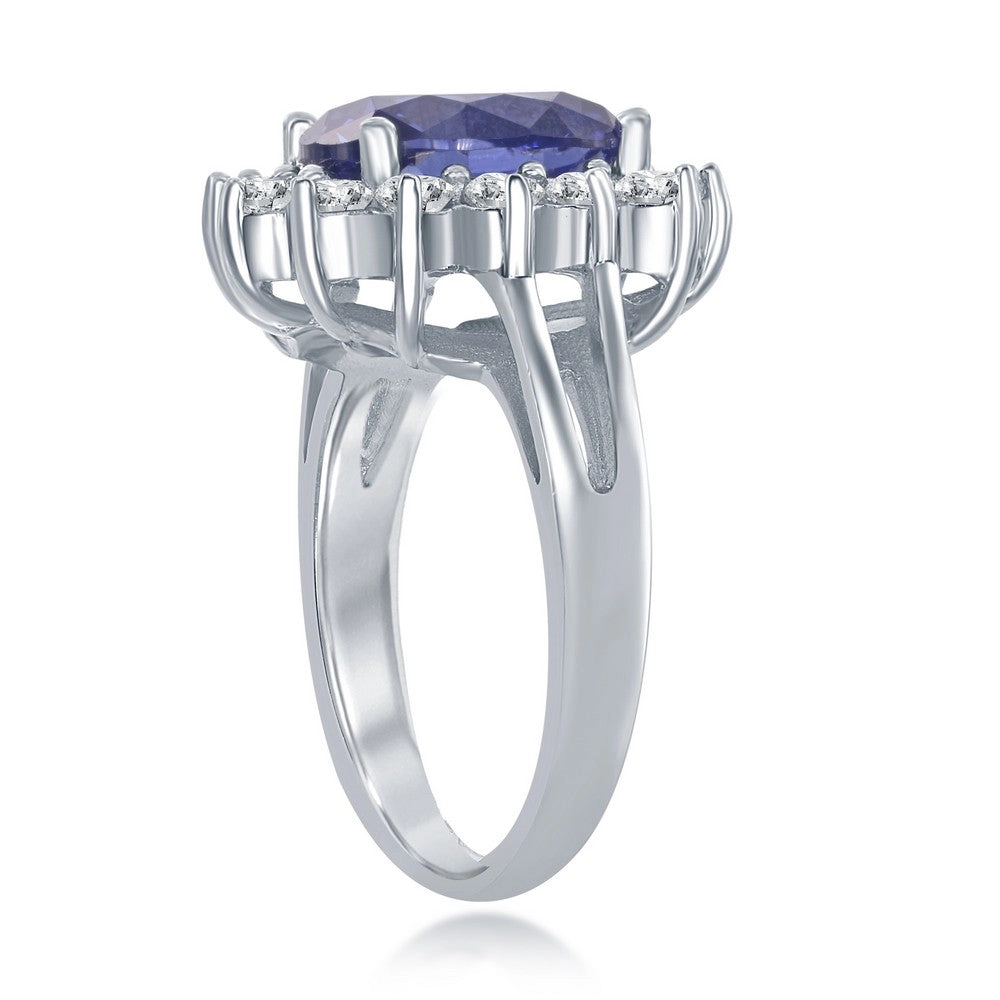 Sterling Silver Oval Tanzanite CZ with CZ Border Ring - W-1317