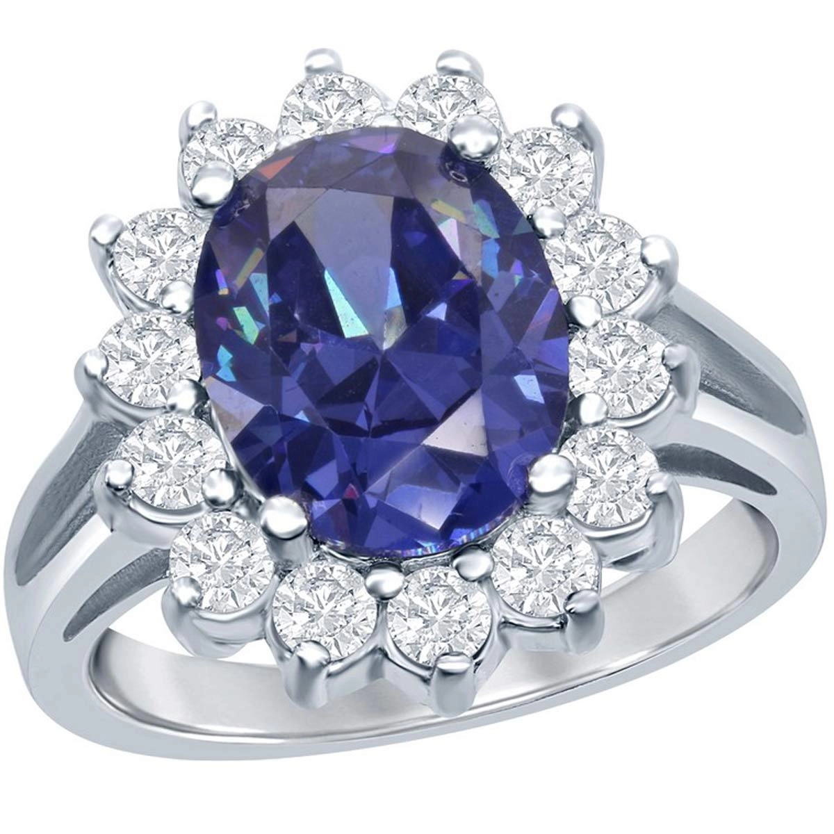 Sterling Silver Oval Tanzanite CZ with CZ Border Ring - W-1317