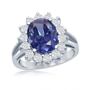 Sterling Silver Oval Tanzanite CZ with CZ Border Ring - W-1317