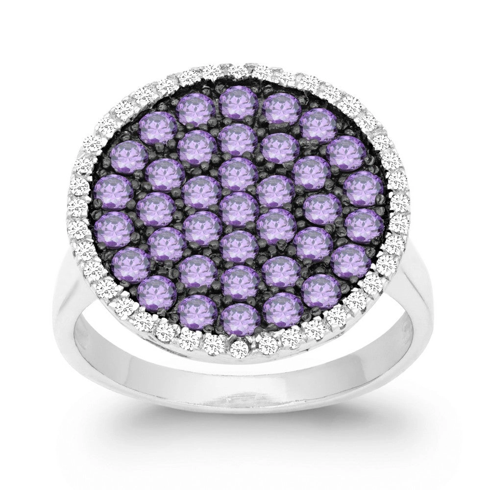 Sterling Silver Purple CZ Black Rhodium Round Ring - W-9873