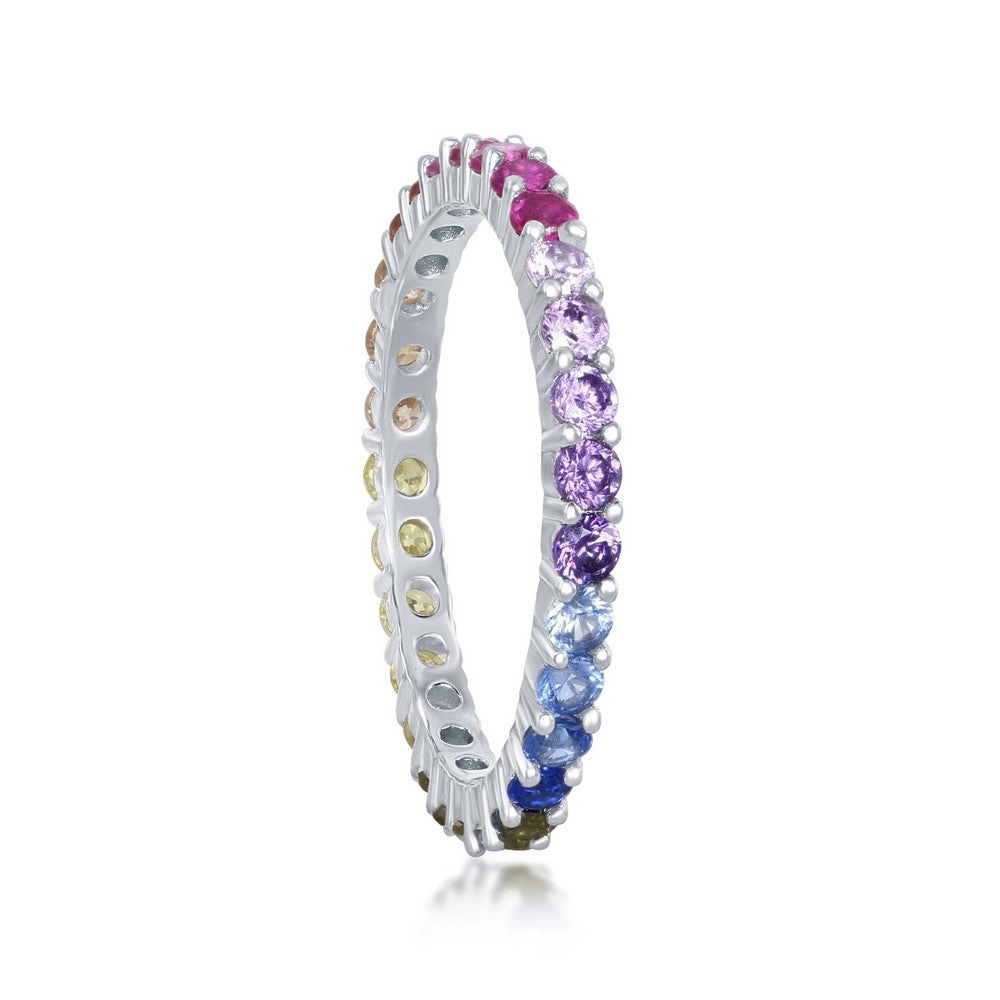 Sterling Silver Rainbow CZ 2mm Eternity Band Ring - W-2139