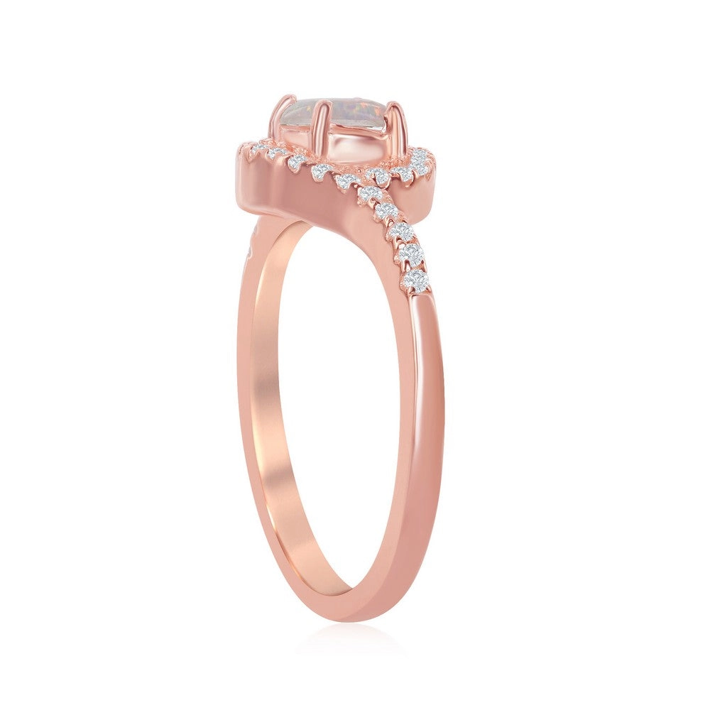 Sterling Silver Rose GP Round White Opal with CZ Ring - W-1912