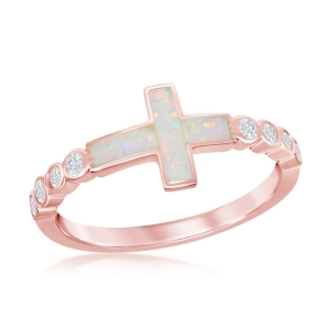 Sterling Silver Rose GP White Inlay Opal Cross CZ Ring - W-2260