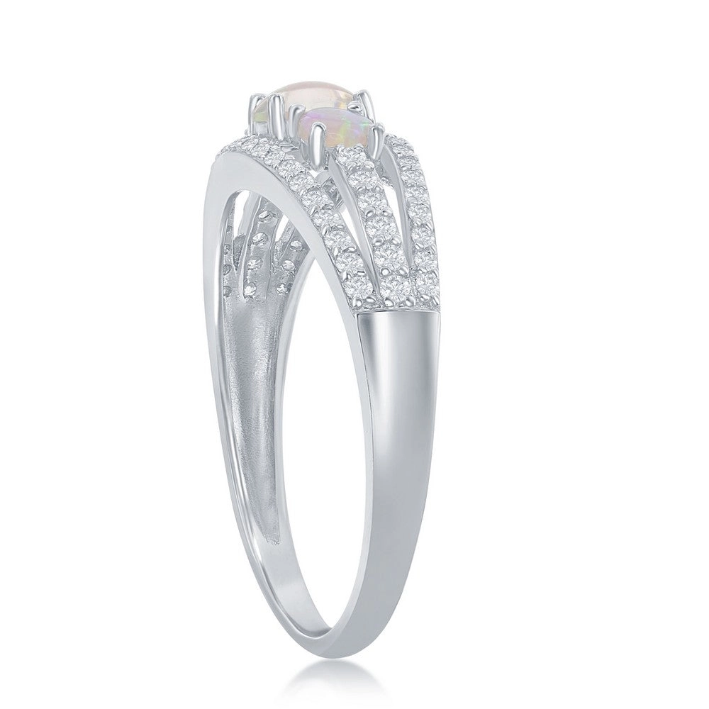 Sterling Silver Three-Stone White Opal CZ Band Ring - W-2108
