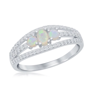 Sterling Silver Three-Stone White Opal CZ Band Ring - W-2108