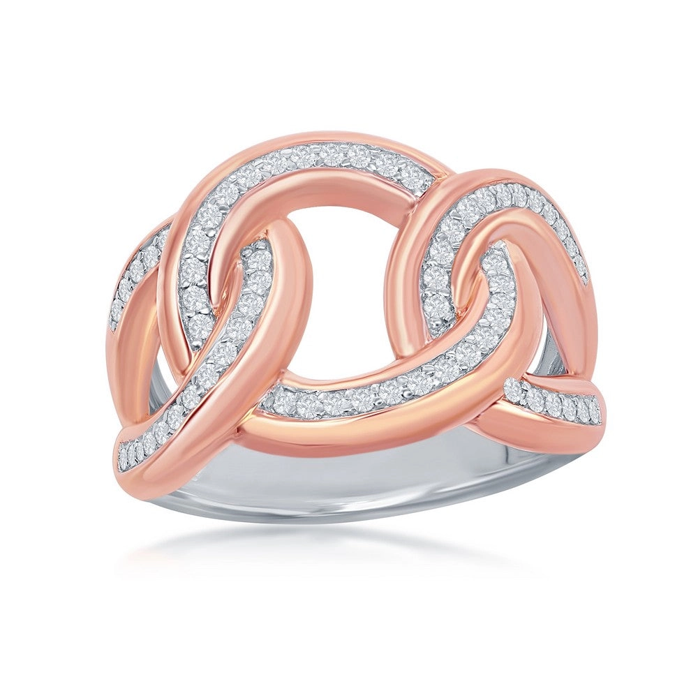 Sterling Silver TT Large Interlocking Curb Link CZ Ring - W-2052