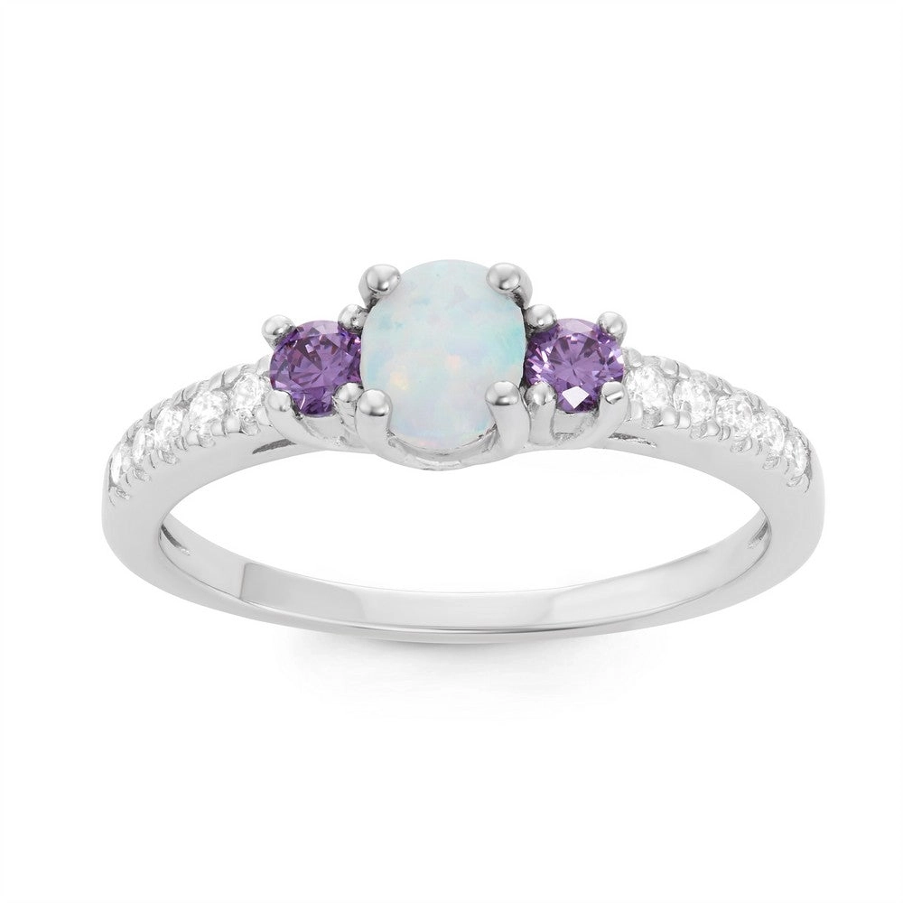 Sterling Silver White Opal Oval with Amethyst CZ Ring - W-1508