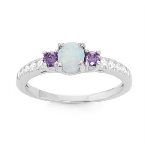 Sterling Silver White Opal Oval with Amethyst CZ Ring - W-1508