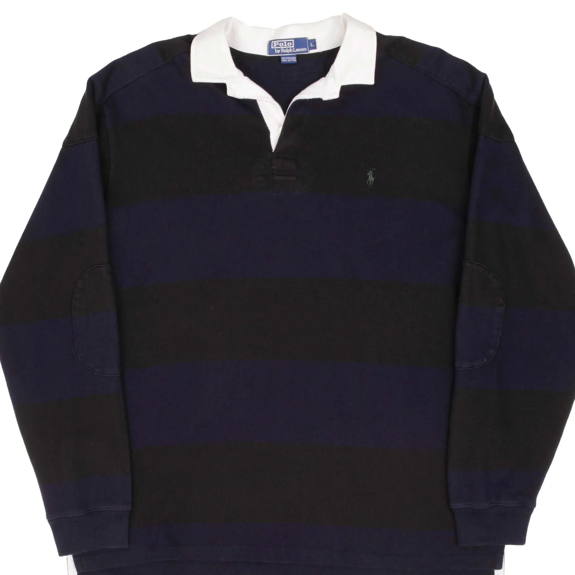 VINTAGE POLO RALPH LAUREN BLACK & BLUE STRIPE RUGBY POLO SHIRT 1990S SIZE LARGE