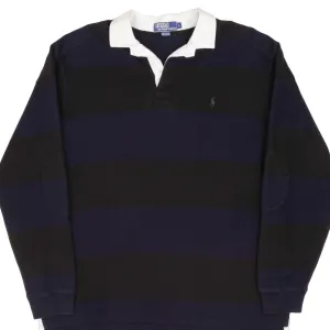 VINTAGE POLO RALPH LAUREN BLACK & BLUE STRIPE RUGBY POLO SHIRT 1990S SIZE LARGE