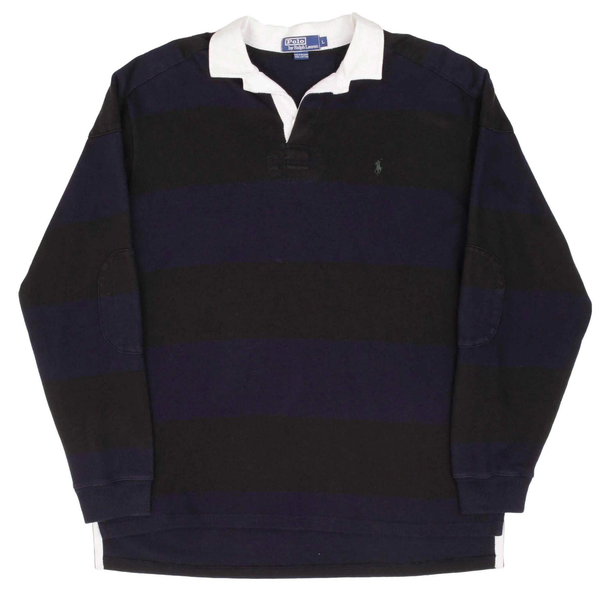 VINTAGE POLO RALPH LAUREN BLACK & BLUE STRIPE RUGBY POLO SHIRT 1990S SIZE LARGE