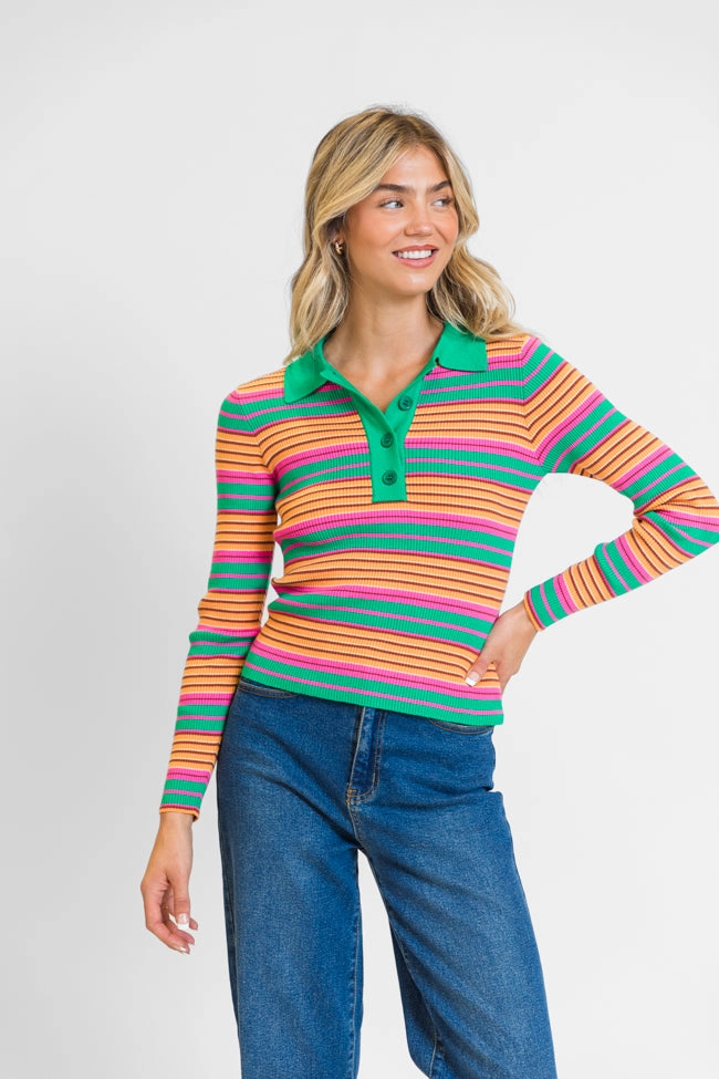 Wish I Knew Multi Striped Long Sleeve Polo Sweater FINAL SALE